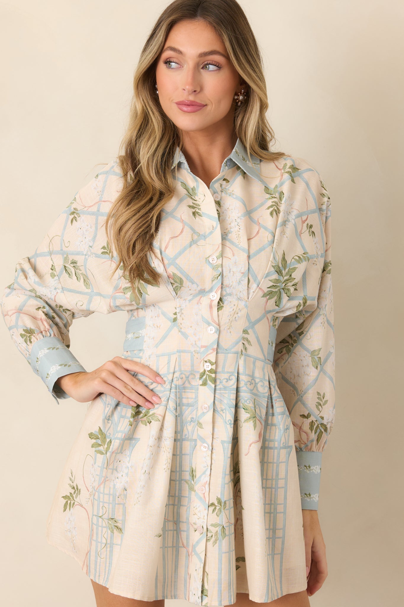 En Saison Georgina Ivory Floral Lattice Textured Mini Shirt Dress