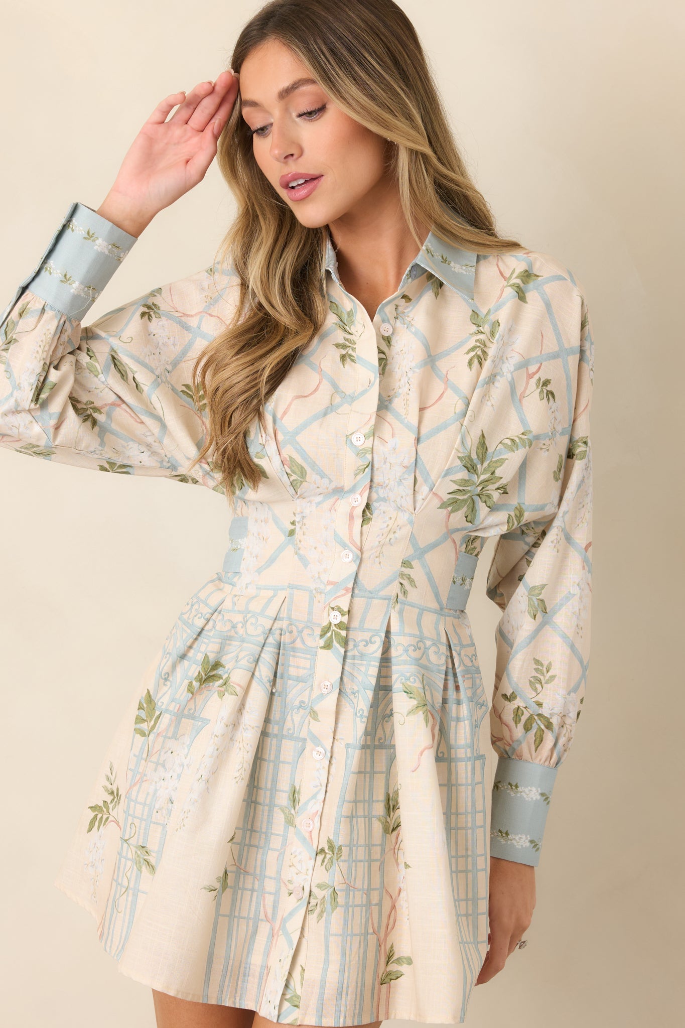 En Saison Georgina Ivory Floral Lattice Textured Mini Shirt Dress