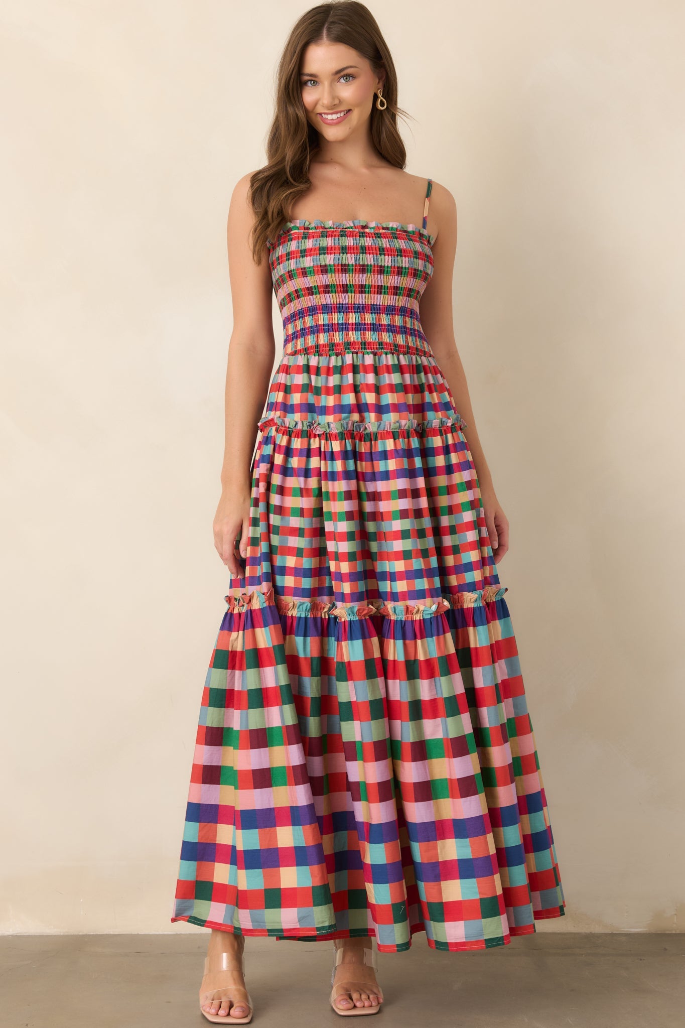 Every Shade of Happy Red Multi Plaid Maxi Dress