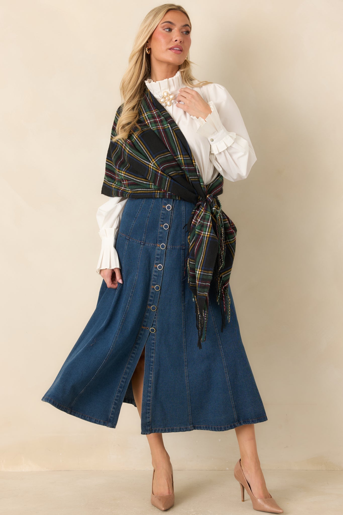 As the Day Goes On Dark Wash Button Front Denim Midi Skirt
