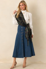 As the Day Goes On Dark Wash Button Front Denim Midi Skirt