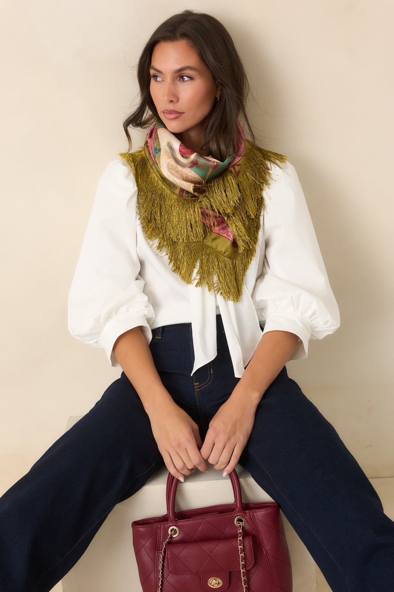 A Word of Advice Ivory Gold Accent Tie Neck Blouse