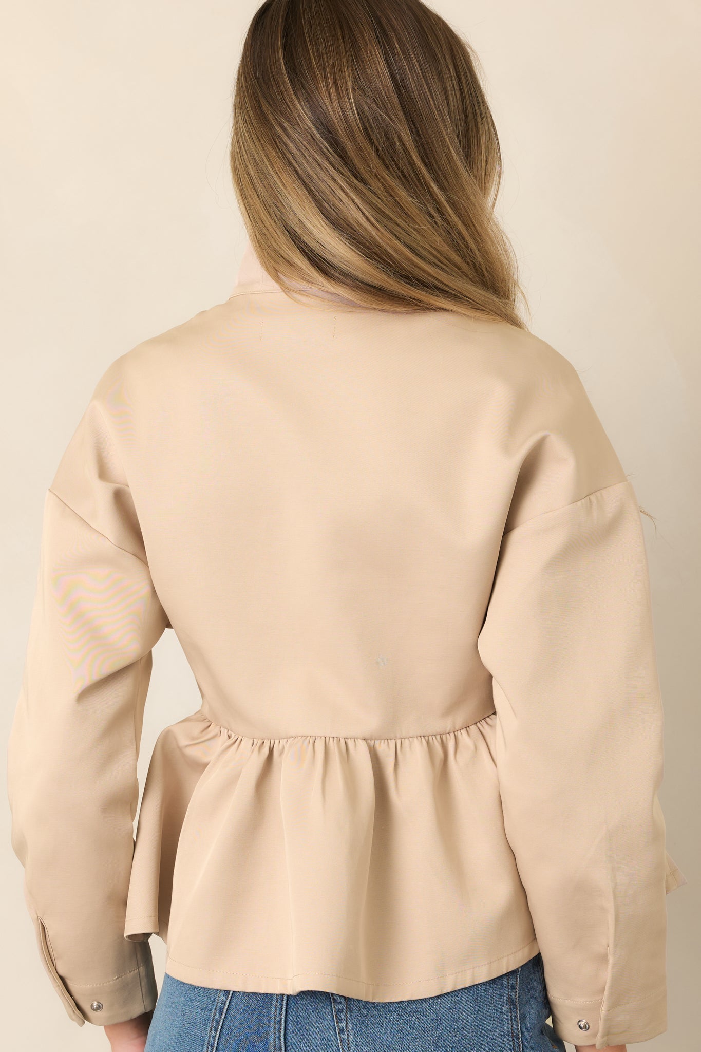 En Saison Annie Beige Drawstring Peplum Bomber Jacket