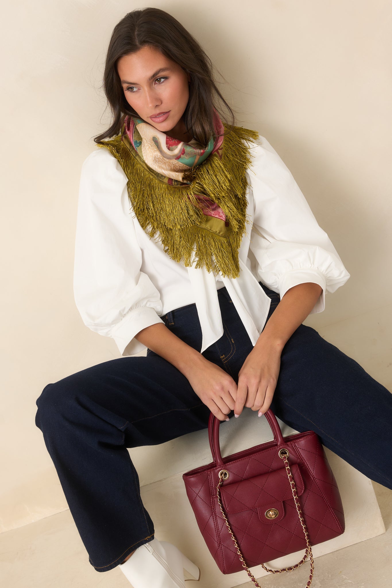 A Word of Advice Ivory Gold Accent Tie Neck Blouse
