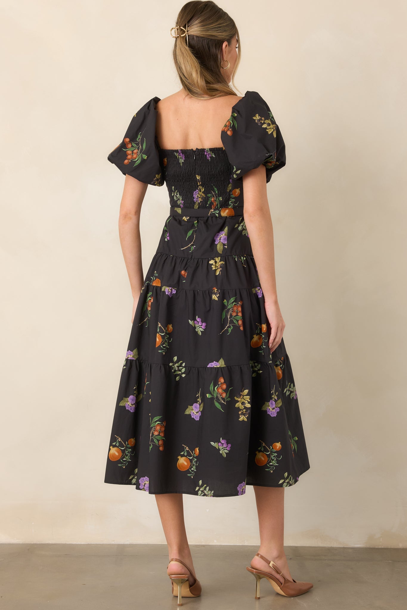 En Saison Kristie Black Multi Fruit Print Cotton Belted Midi Dress