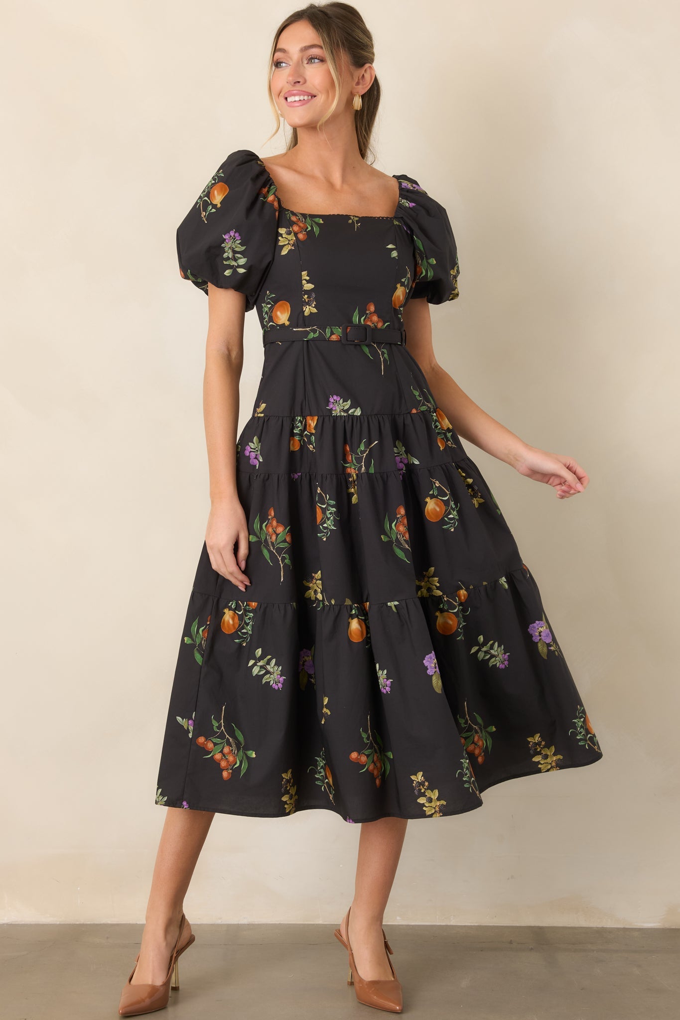 En Saison Kristie Black Multi Fruit Print Cotton Belted Midi Dress