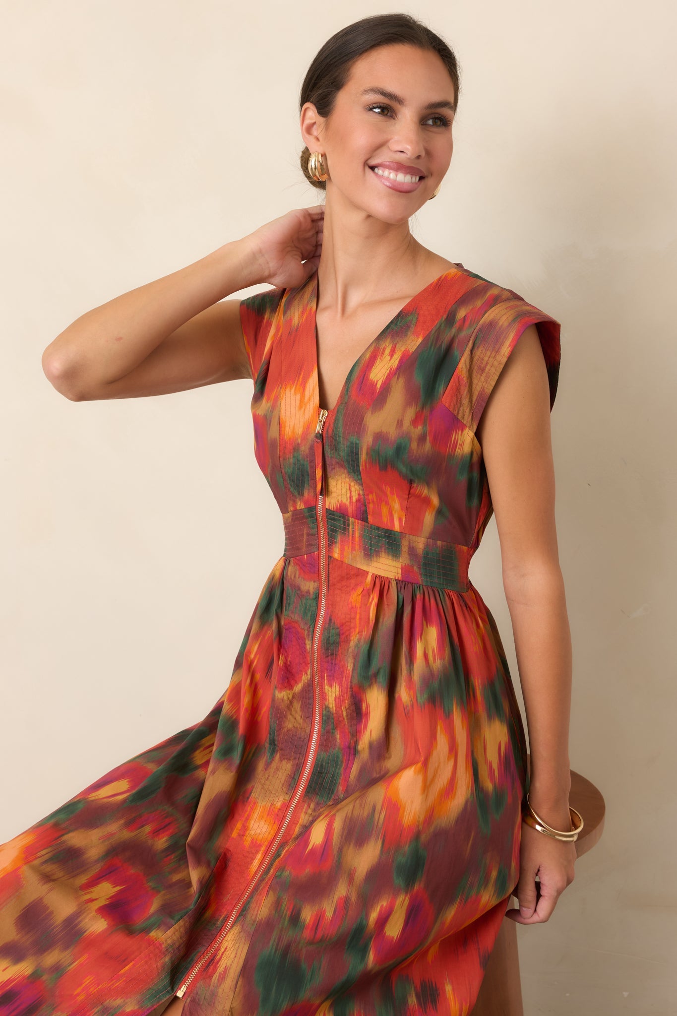 Fall Into Place Rust Multi Floral Cotton Midi Dress