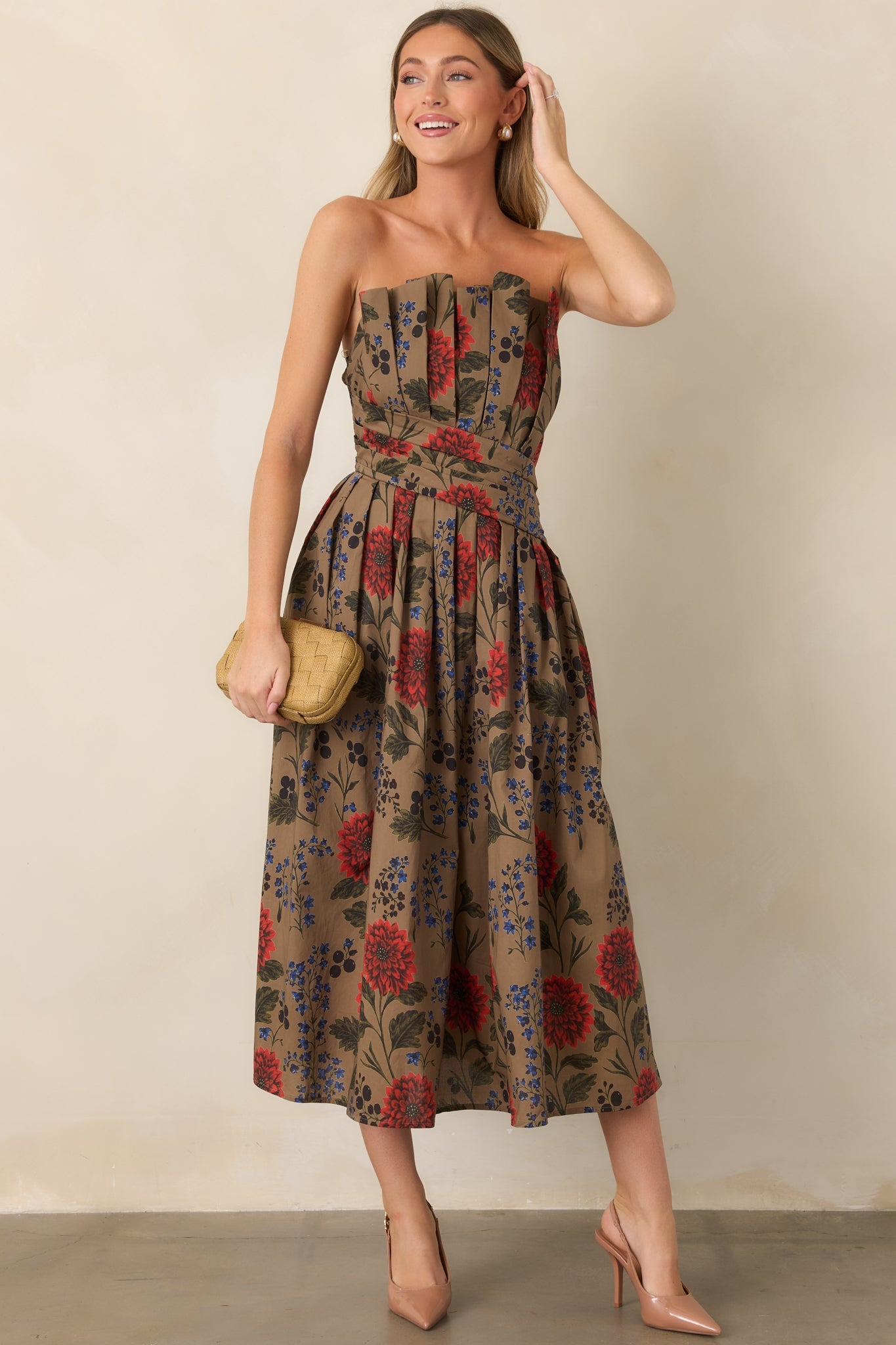 A Reason to Stay Mocha Brown Multi Floral Cotton Strapless Midi Dress