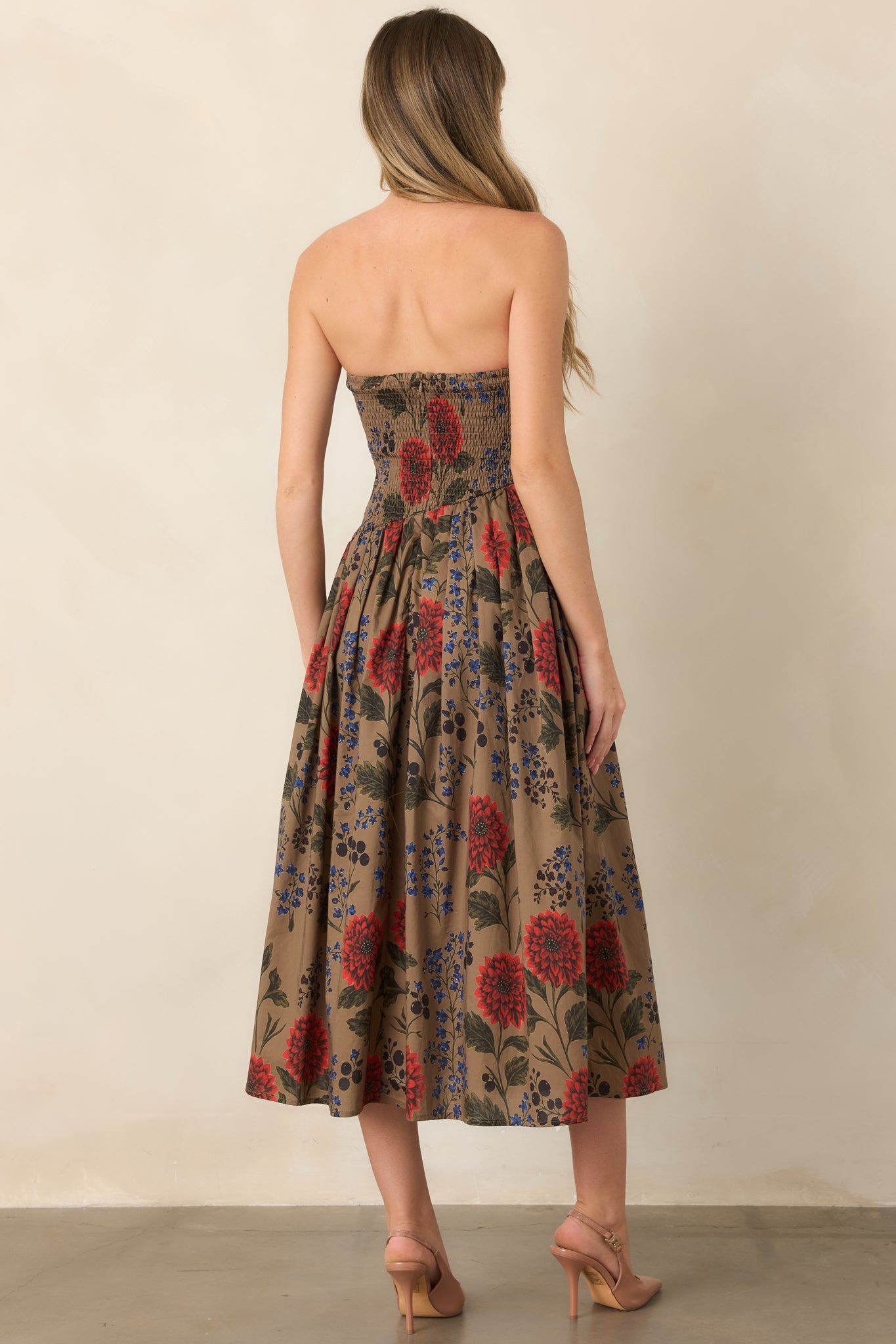A Reason to Stay Mocha Brown Multi Floral Cotton Strapless Midi Dress