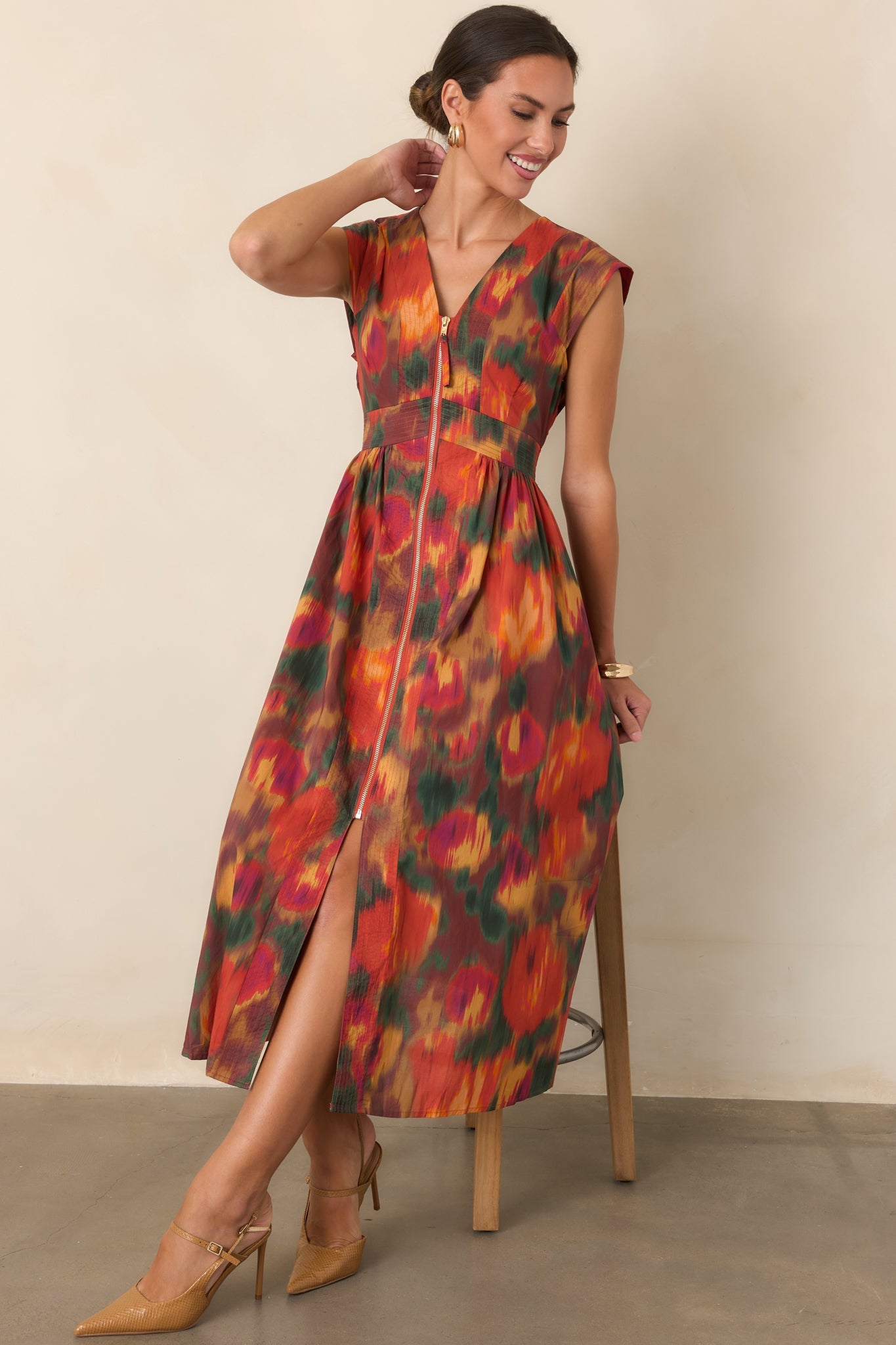 Fall Into Place Rust Multi Floral Cotton Midi Dress