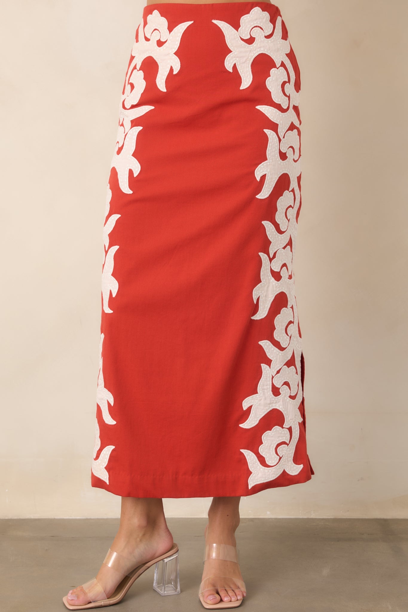 Anna Cate Dillon Bright Red Cotton Appliqué Midi Skirt