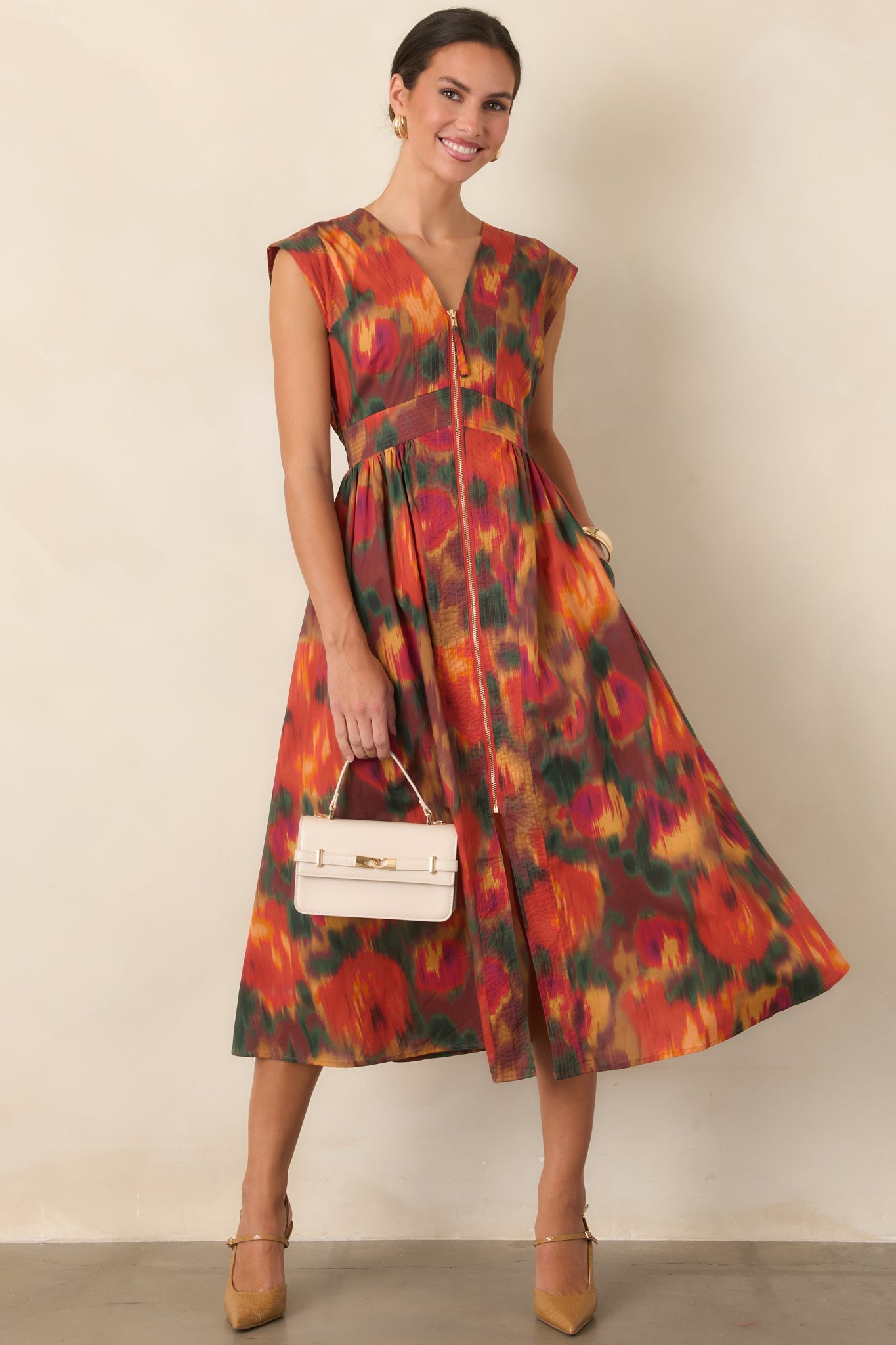Fall Into Place Rust Multi Floral Cotton Midi Dress