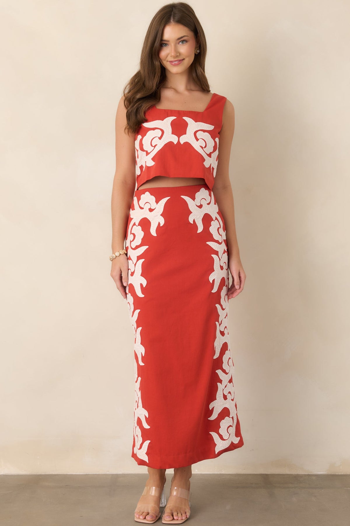 Anna Cate Blake Bright Red Cotton Appliqué Crop Top