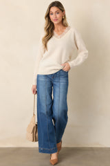 ASTR the Label Jadyn Ivory Wool Lace Trim V-Neck Sweater
