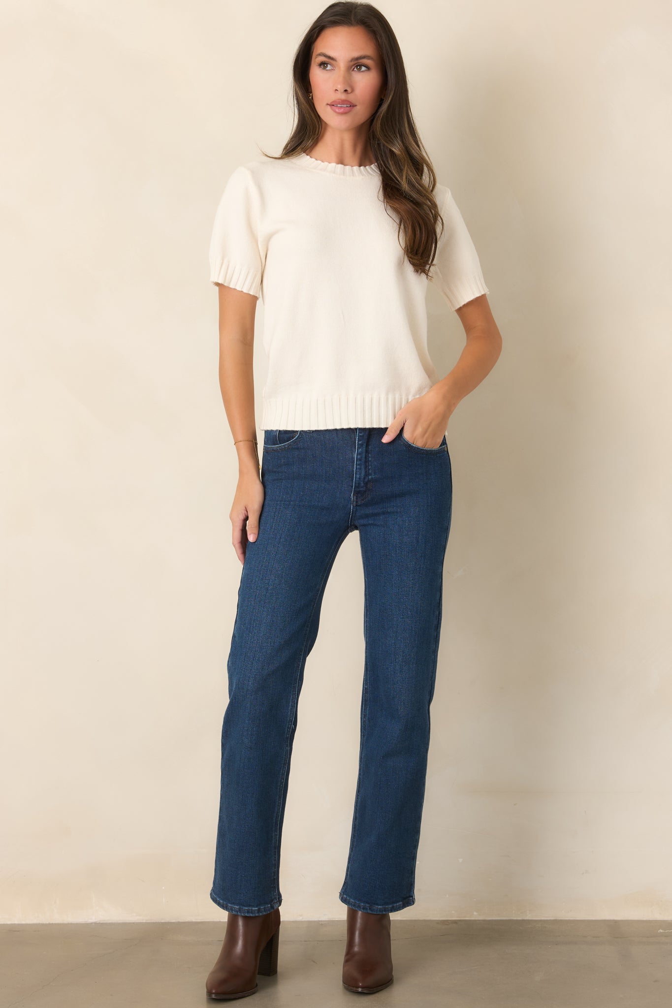 Astrid Maisie Ivory Knit Short Sleeve Sweater