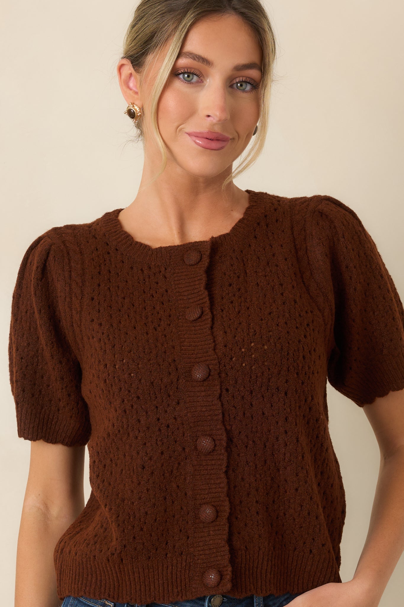 Extra Credit Brown Pointelle Knit Cardigan