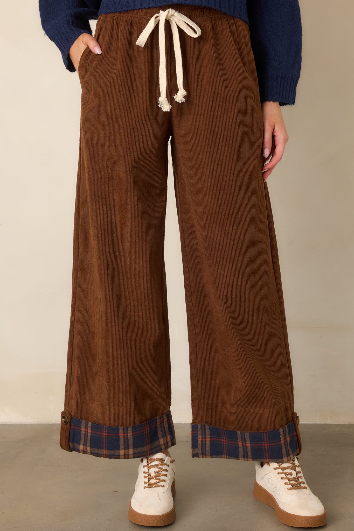 Casual Charm Contrast Cuff Brown & Navy Pants