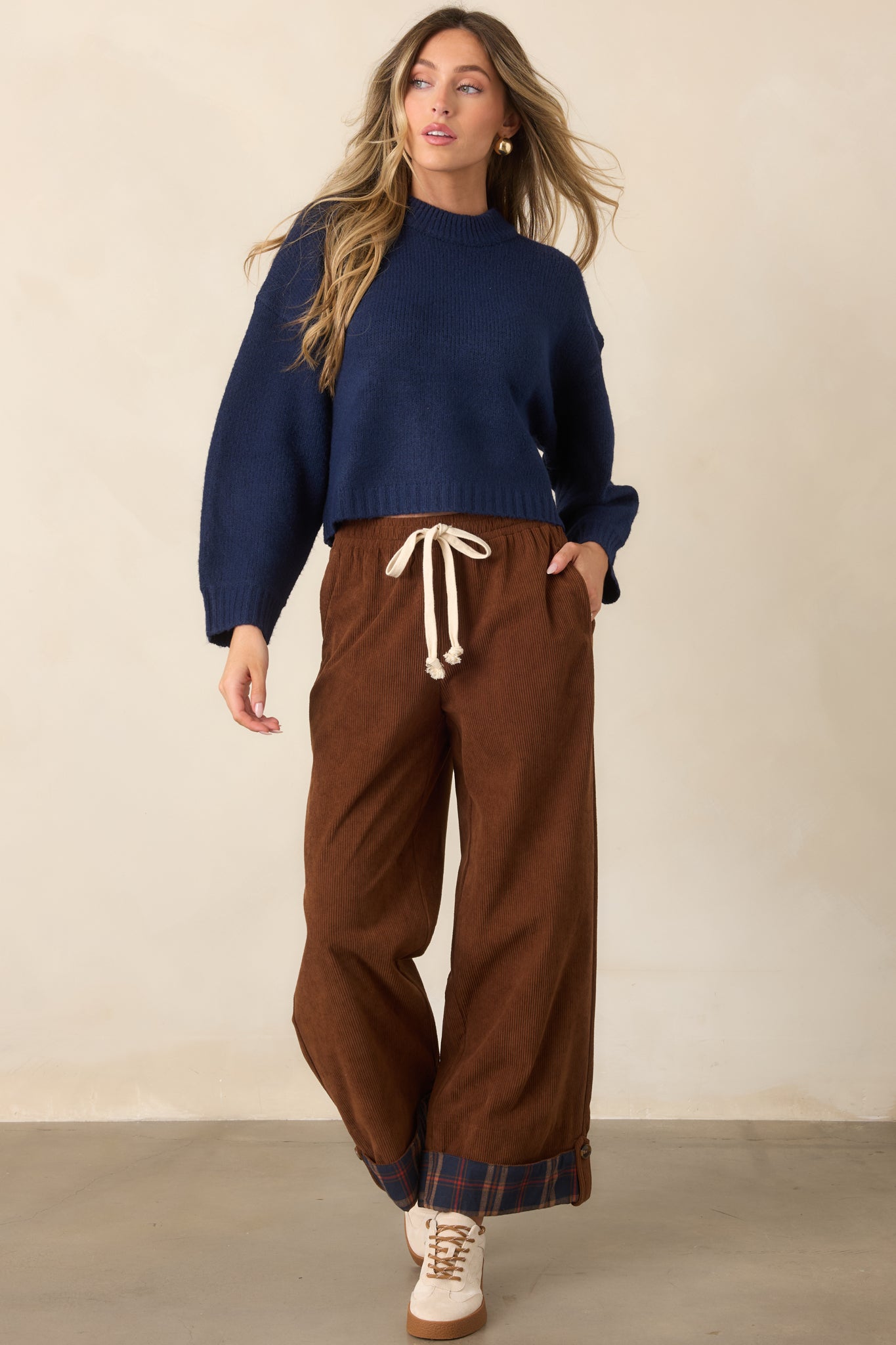 Casual Charm Contrast Cuff Brown & Navy Pants