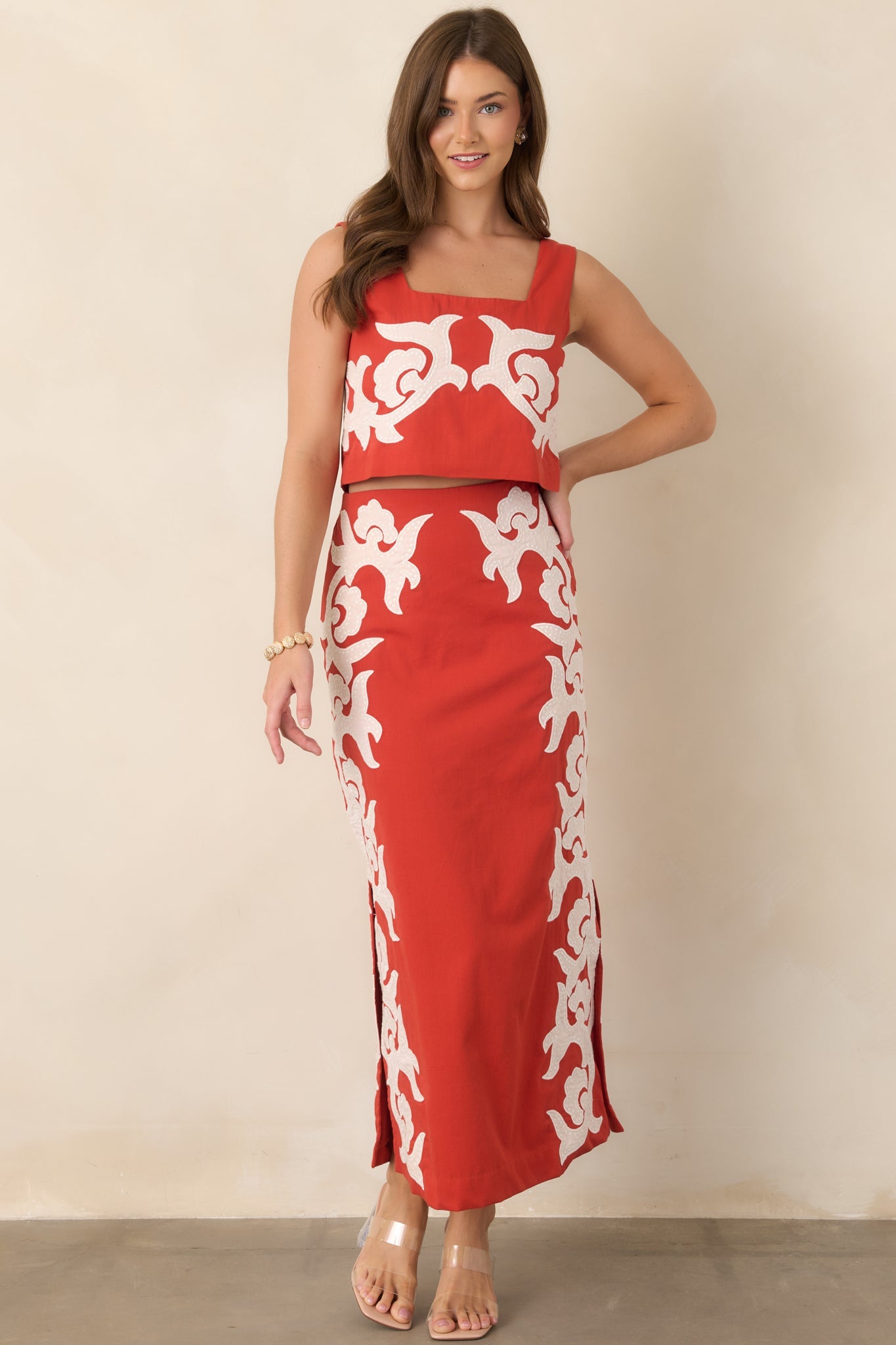 Anna Cate Blake Bright Red Cotton Appliqué Crop Top