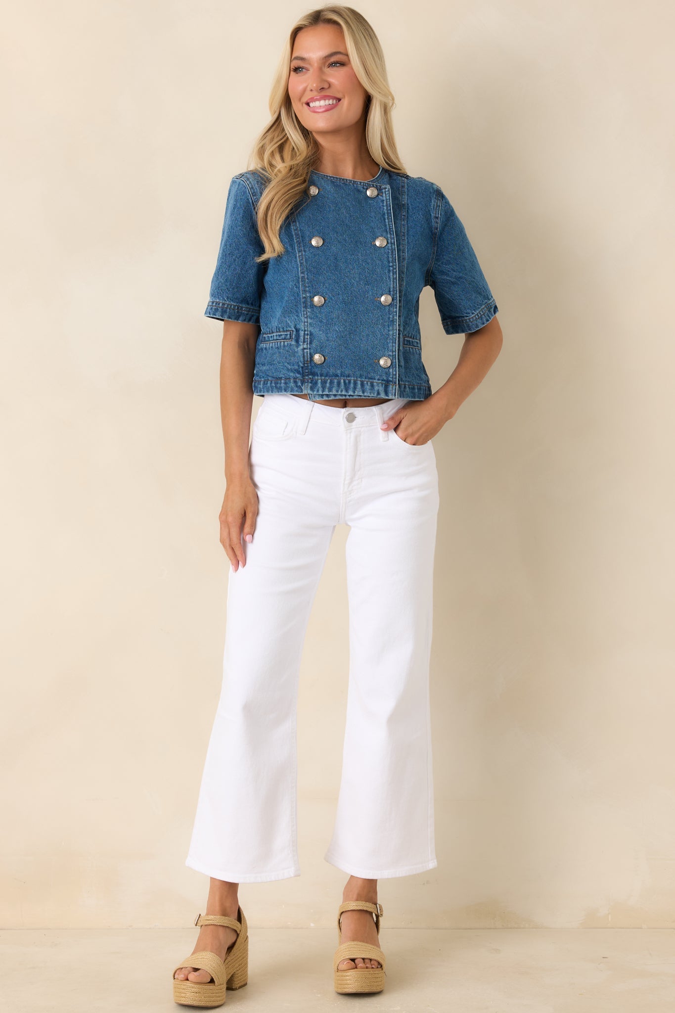 Across the Way Medium Wash Cotton Denim Double Breasted Top