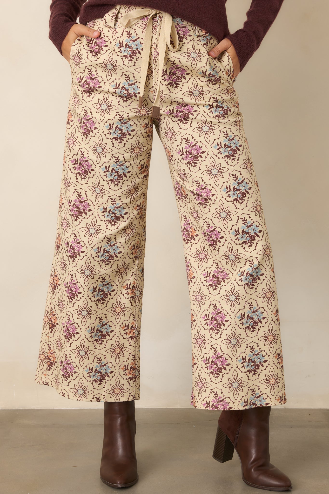 Aim High Ecru Multi Floral Cotton Cropped Wide Leg Pants