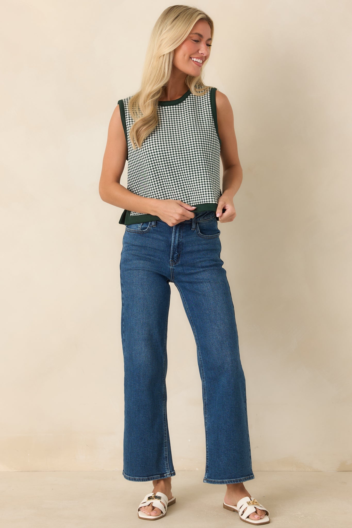 Check the Agenda Hunter Green Gingham Contrast Trim Sleeveless Top