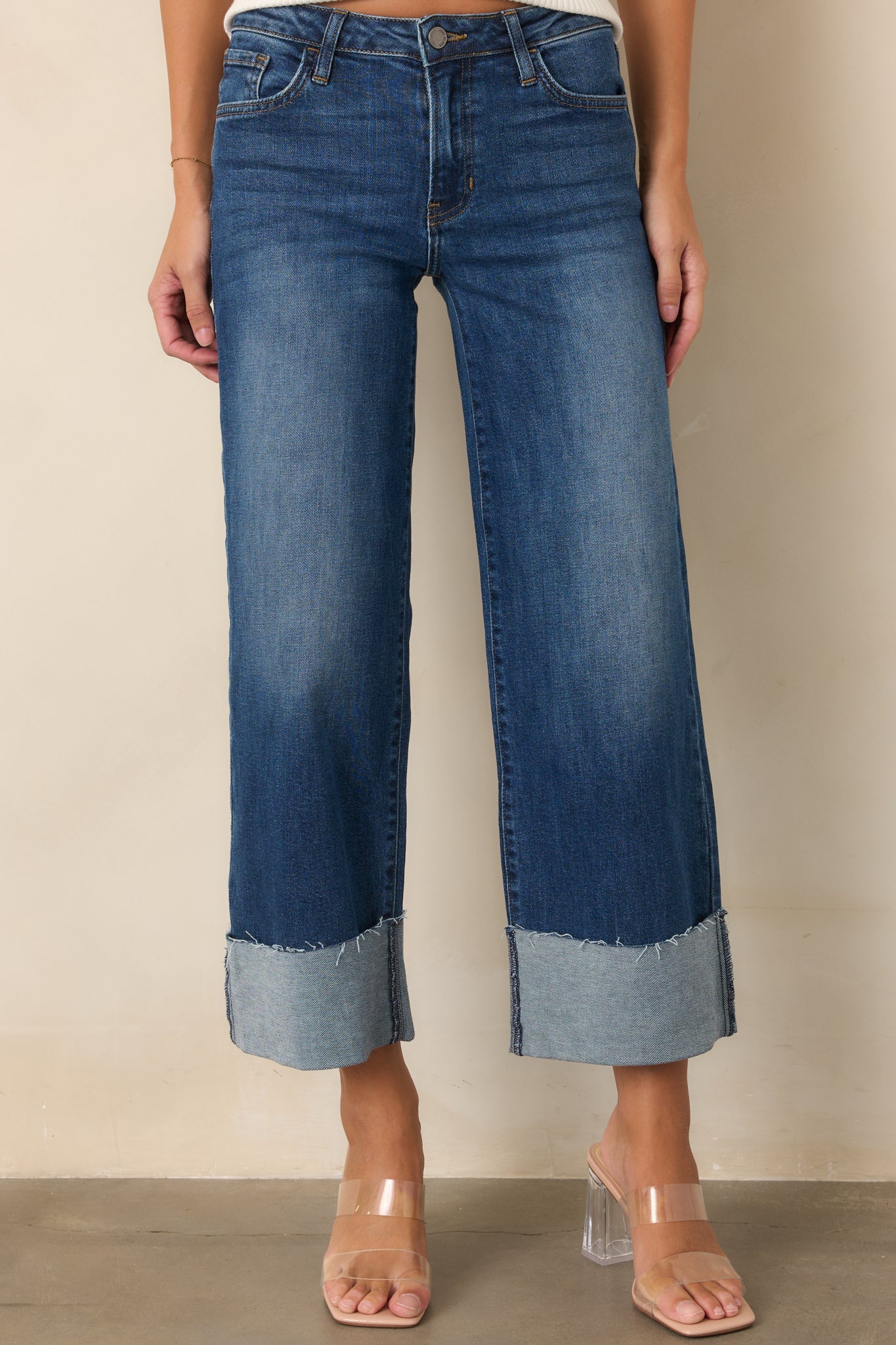 Best I've Seen Dark Wash Stretch Wide Leg Cuffed Jeans