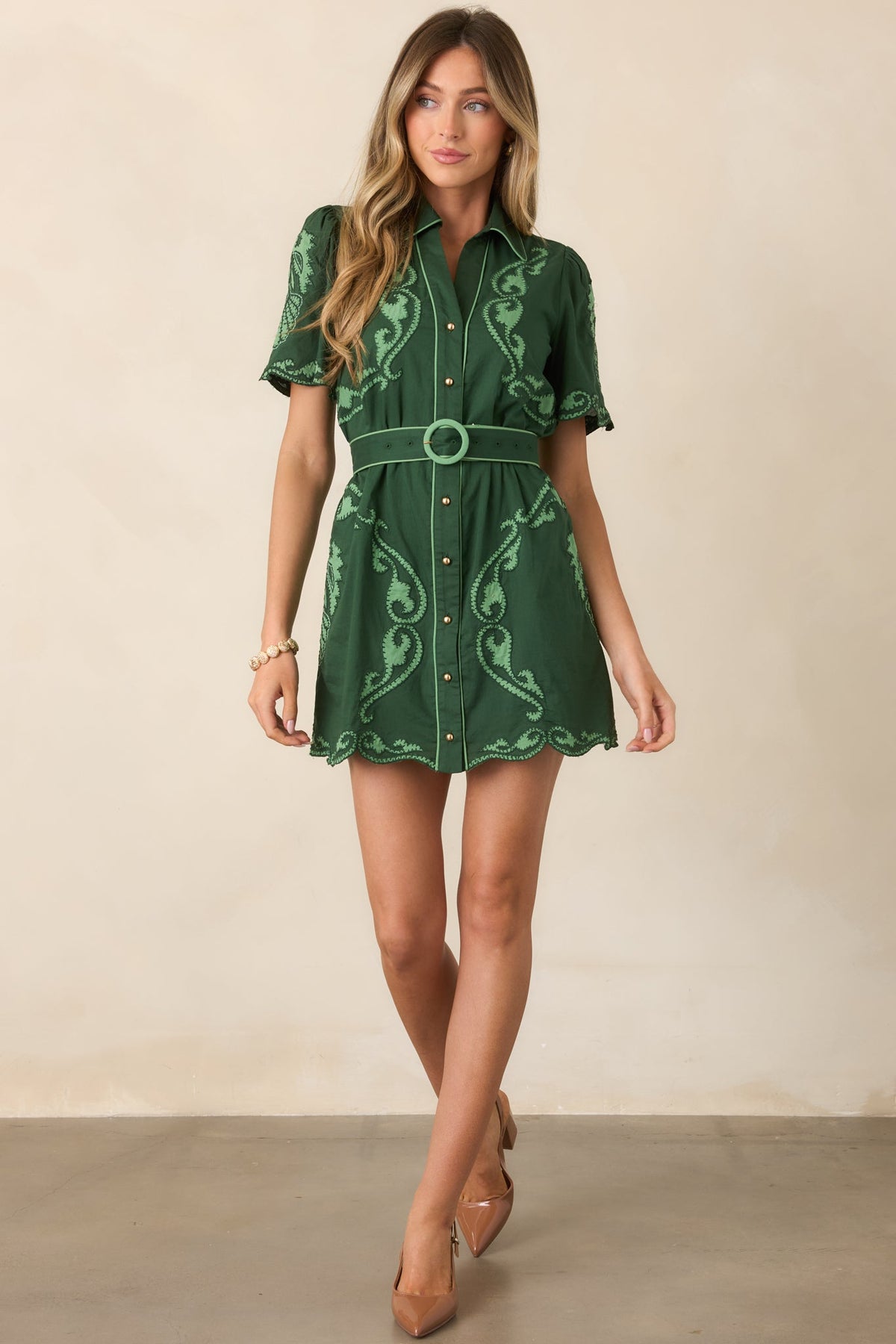 Anna Cate Poppy Green Regal Scallop Cotton Mini Dress