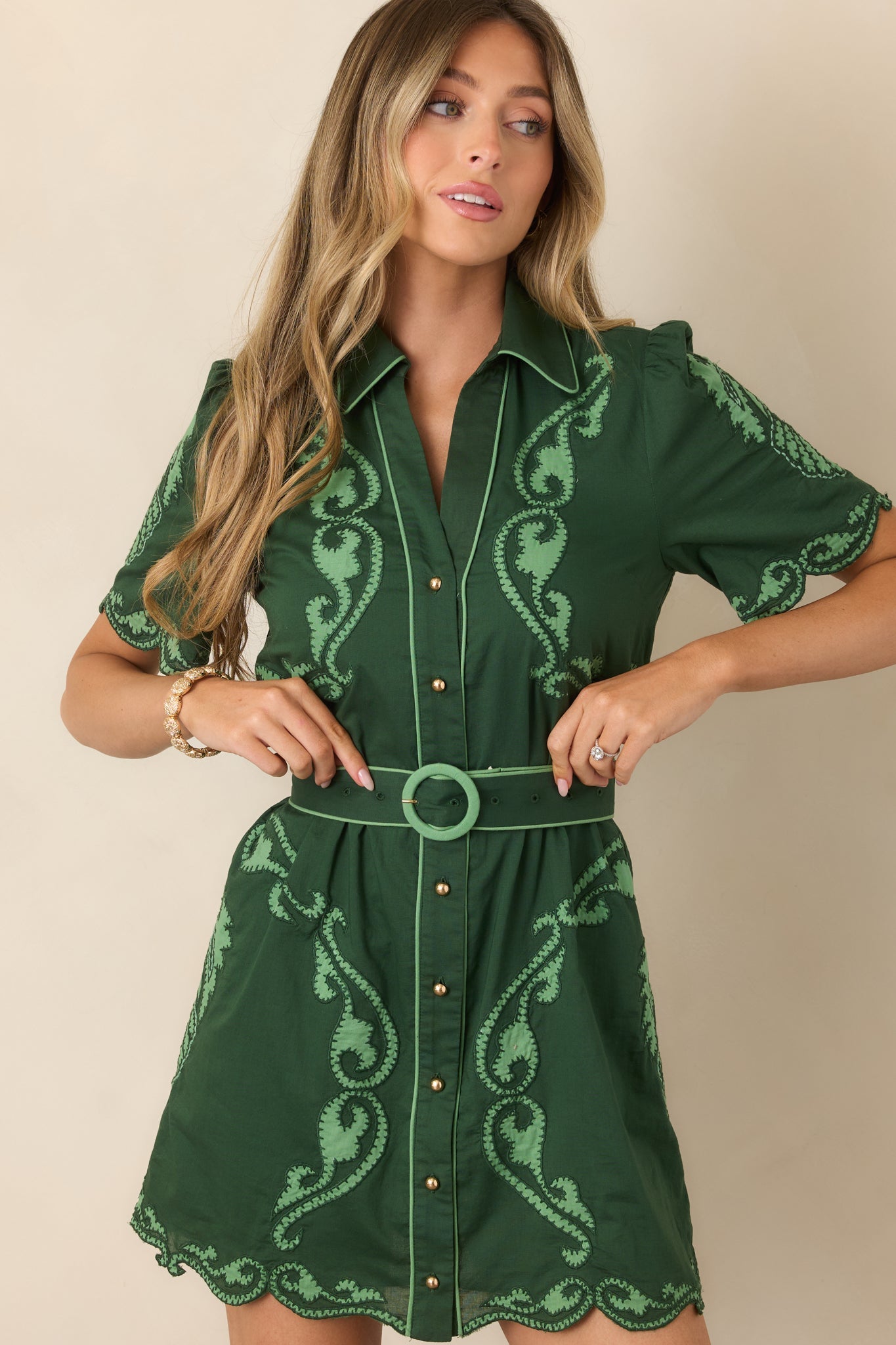 Anna Cate Poppy Green Regal Scallop Cotton Mini Dress