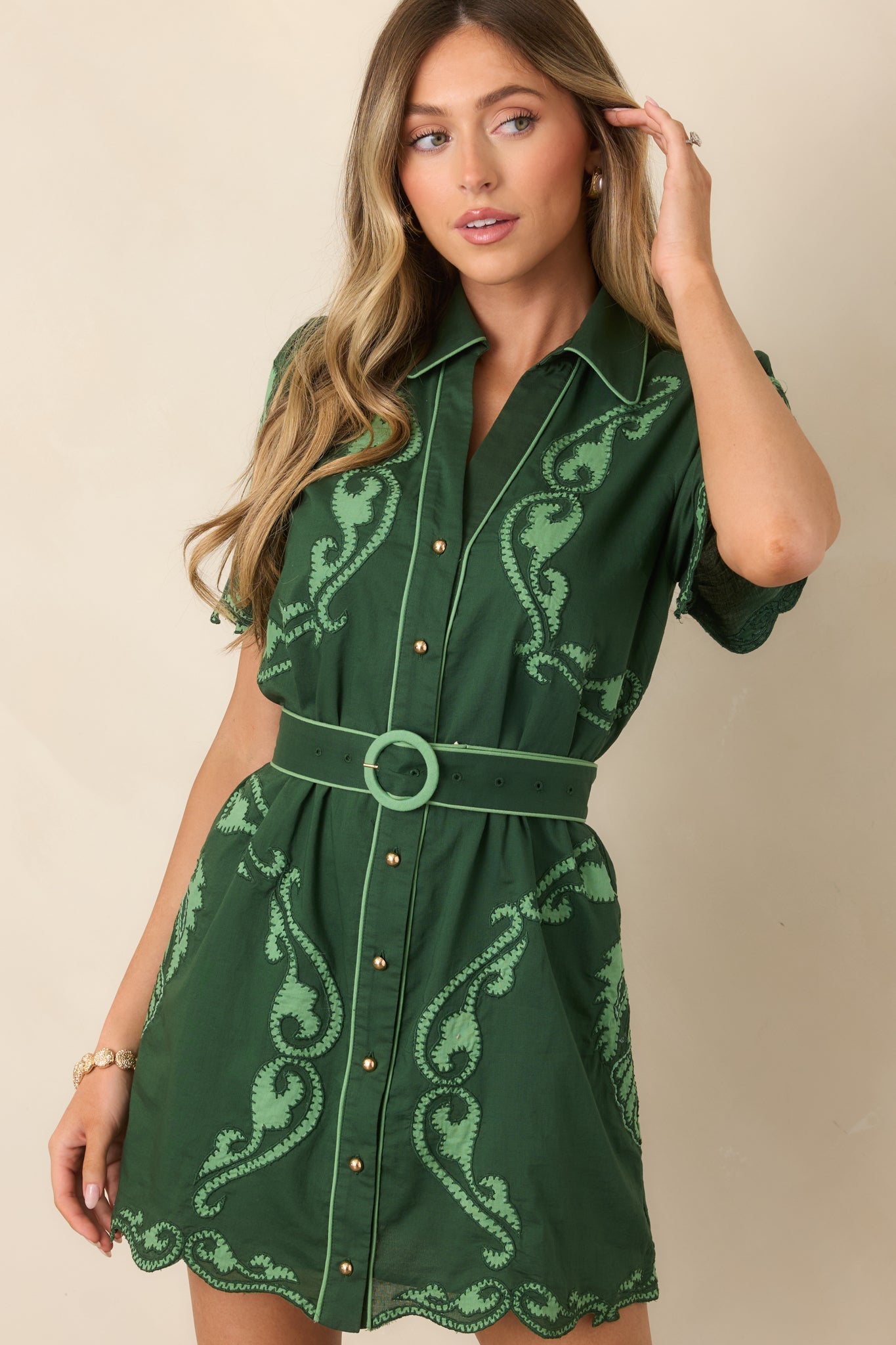 Anna Cate Poppy Green Regal Scallop Cotton Mini Dress