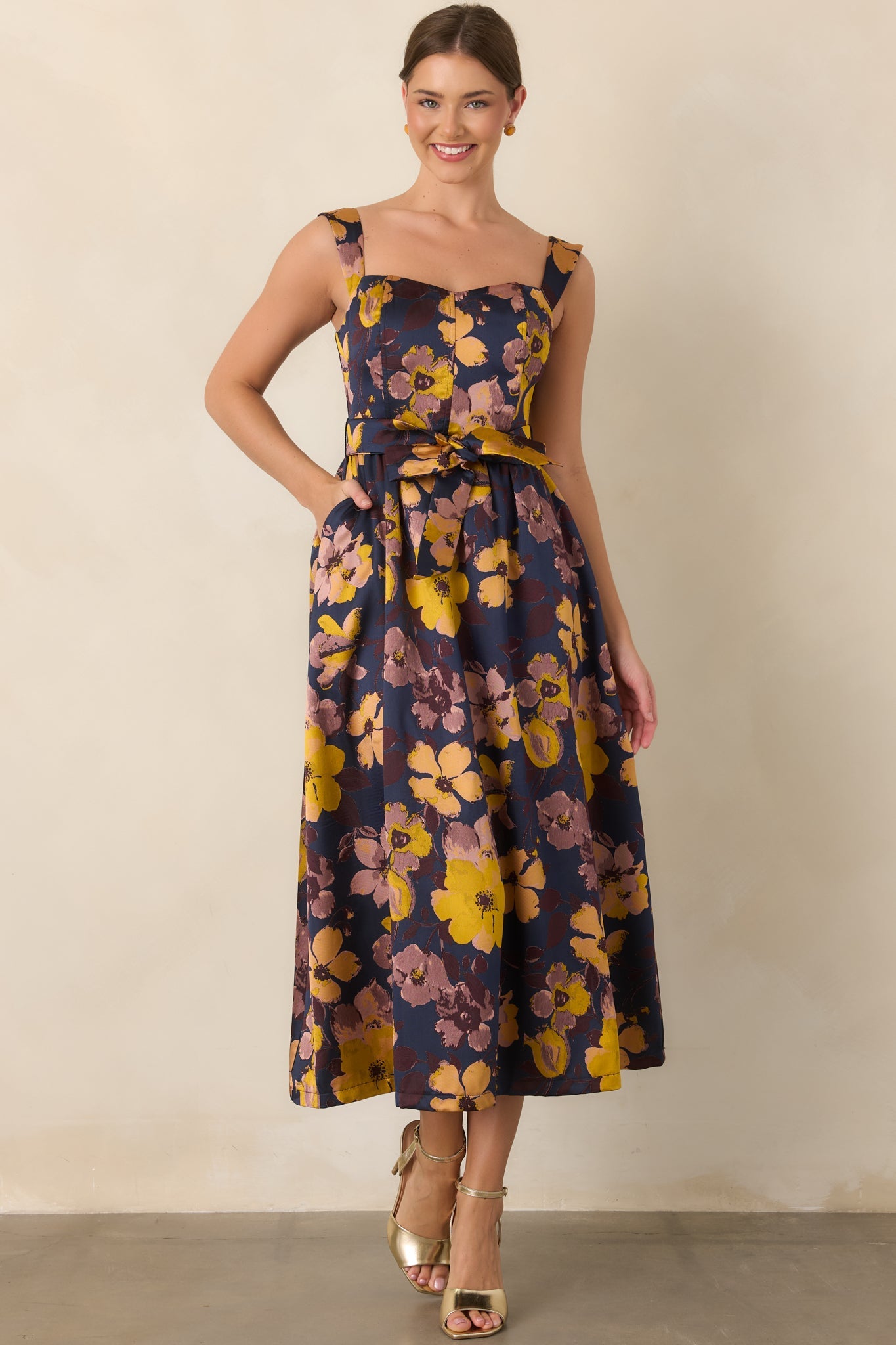 A Formal Arrangement Navy & Marigold Floral Tie-Waist Midi Dress