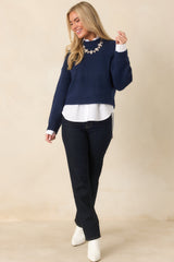A Change of Pace Navy Cropped Knit Sweater