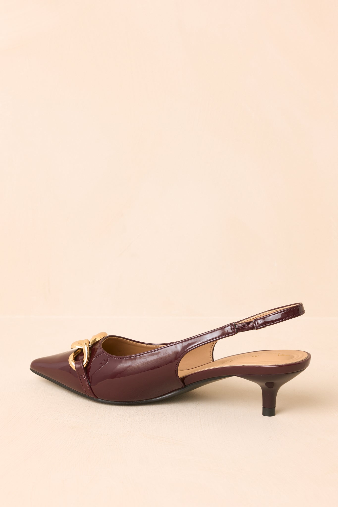 Chain of Events Plum Patent Gold Chain Slingback Kitten Heels