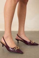 Chain of Events Plum Patent Gold Chain Slingback Kitten Heels