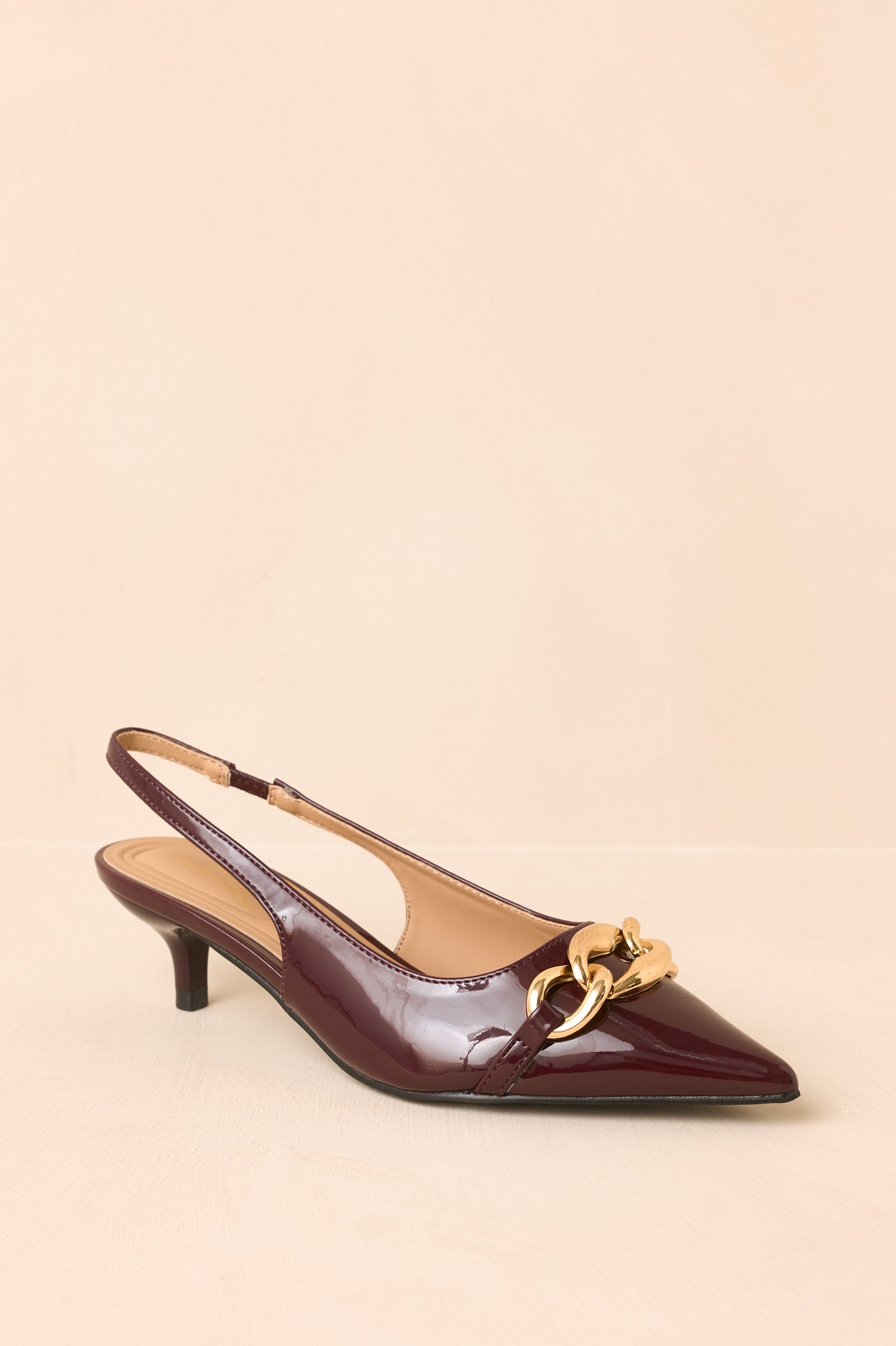 Chain of Events Plum Patent Gold Chain Slingback Kitten Heels