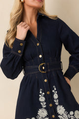En Saison Carol Dark Indigo Denim Floral Embroidered Mini Dress