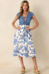 AIYIA Aubrey Ivory & Blue Floral Denim Bodice Midi Dress