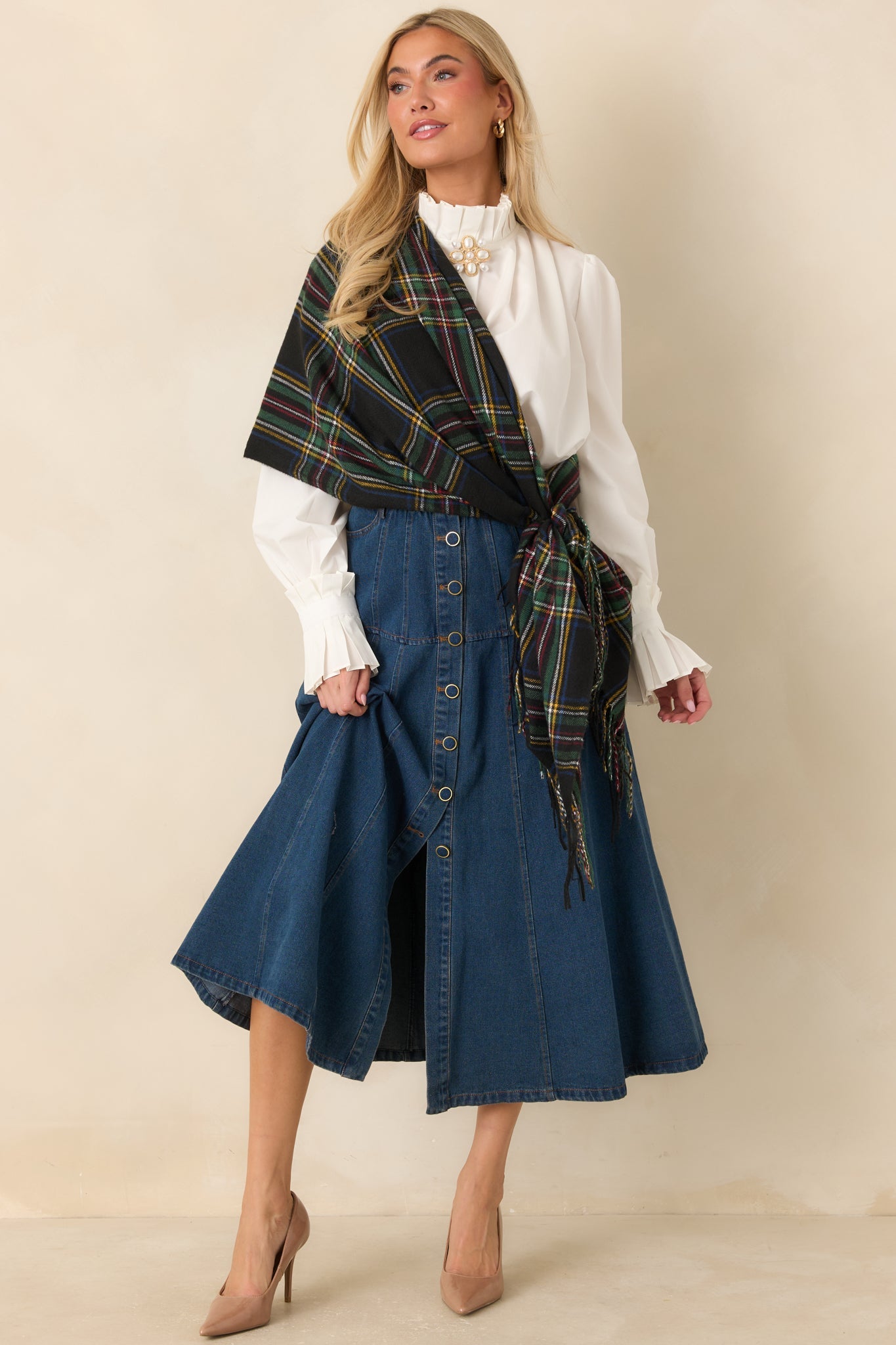 As the Day Goes On Dark Wash Button Front Denim Midi Skirt