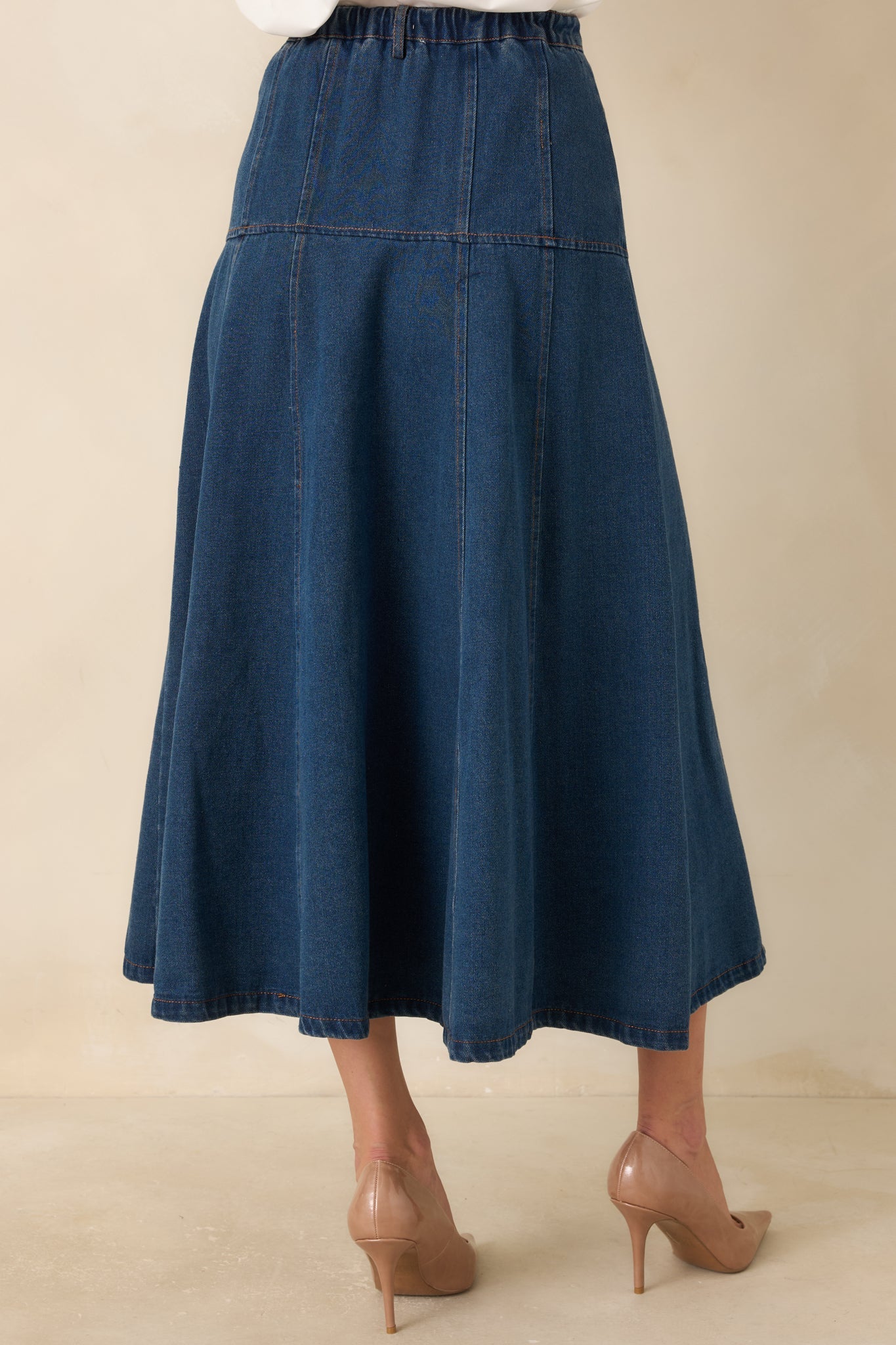 As the Day Goes On Dark Wash Button Front Denim Midi Skirt