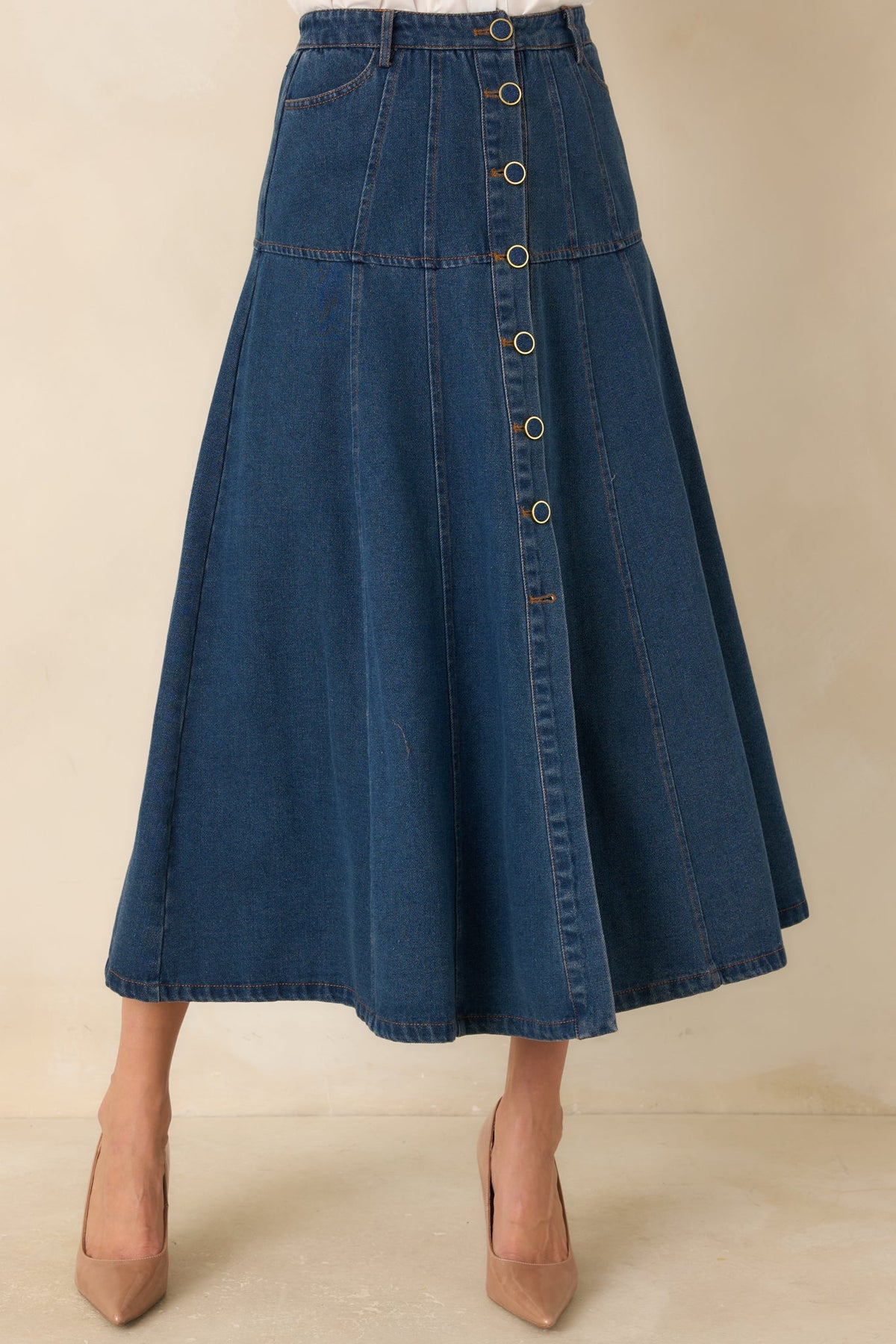 As the Day Goes On Dark Wash Button Front Denim Midi Skirt