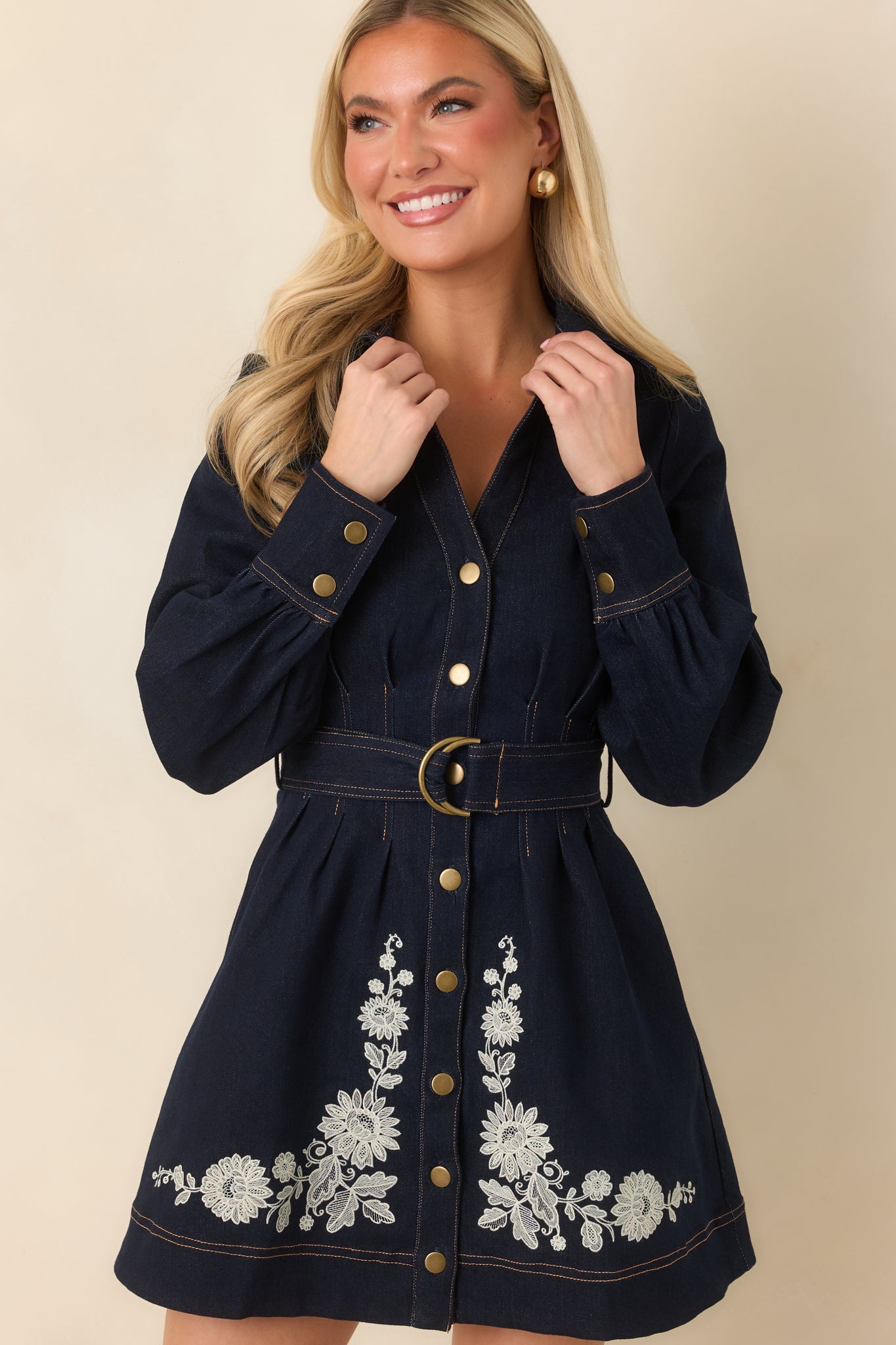 En Saison Carol Dark Indigo Denim Floral Embroidered Mini Dress