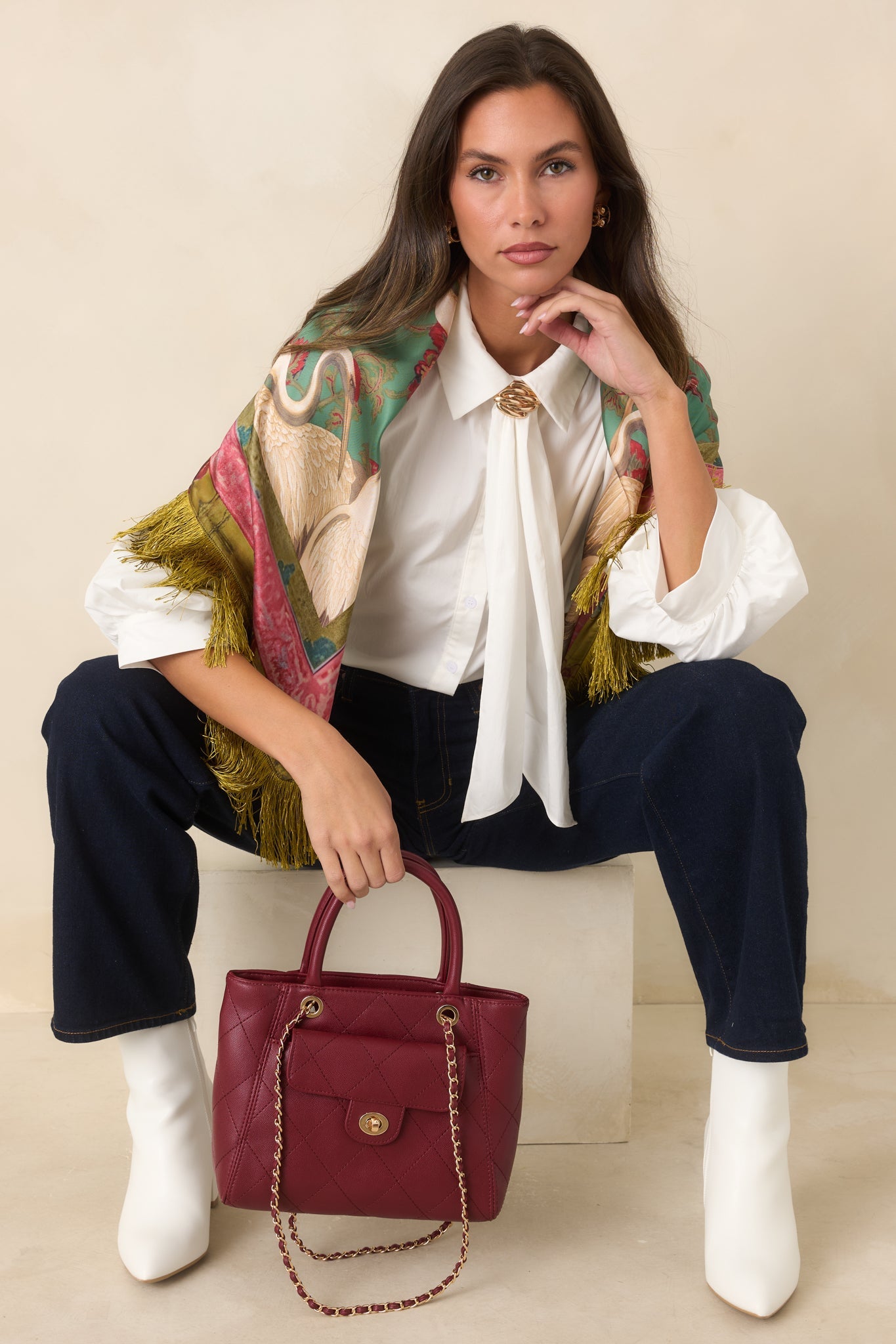 A Word of Advice Ivory Gold Accent Tie Neck Blouse
