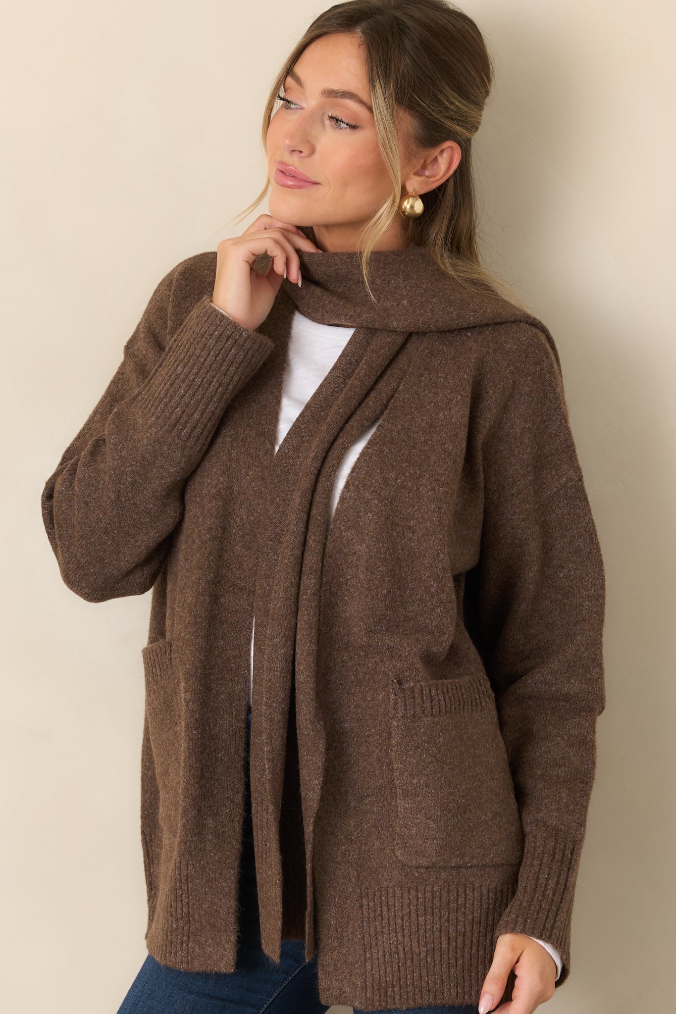 A Well-Knit Plan Dark Mocha Knit Cardigan & Scarf Set