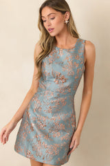Caught in the Glow Dusty Blue & Rose Gold Floral Jacquard Mini Dress