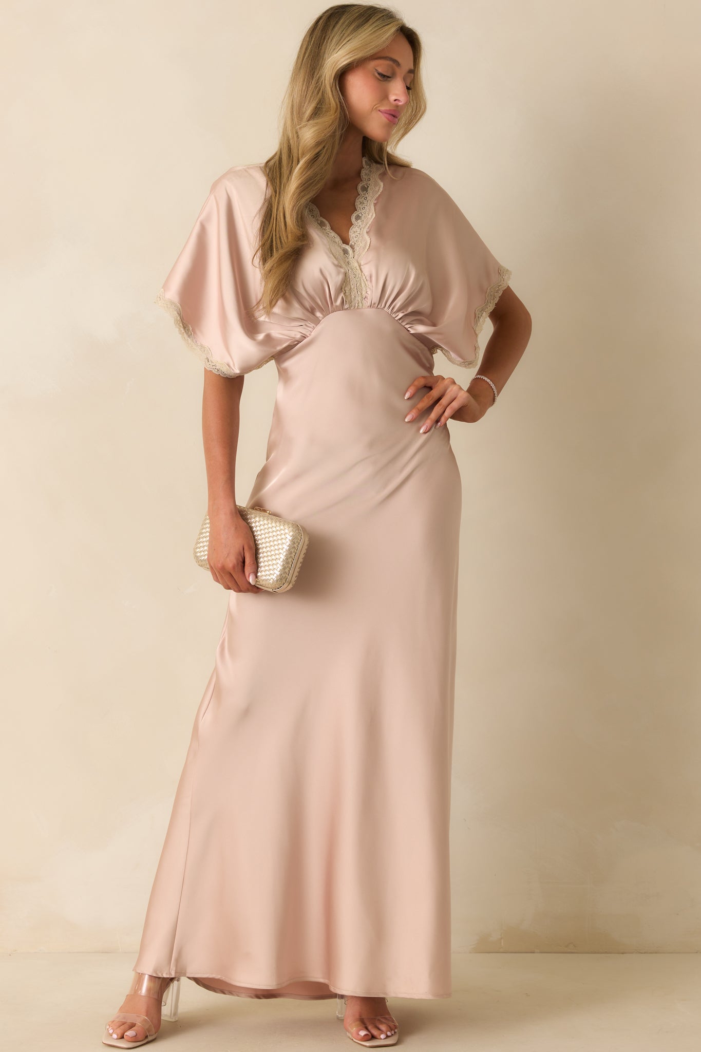 All The Right Reasons Dusty Pink Satin Lace Trim Maxi Dress