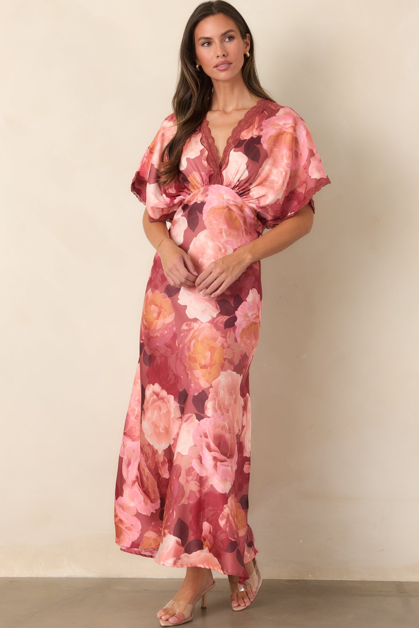 All The Right Reasons Blush Floral Satin Lace Trim Maxi Dress