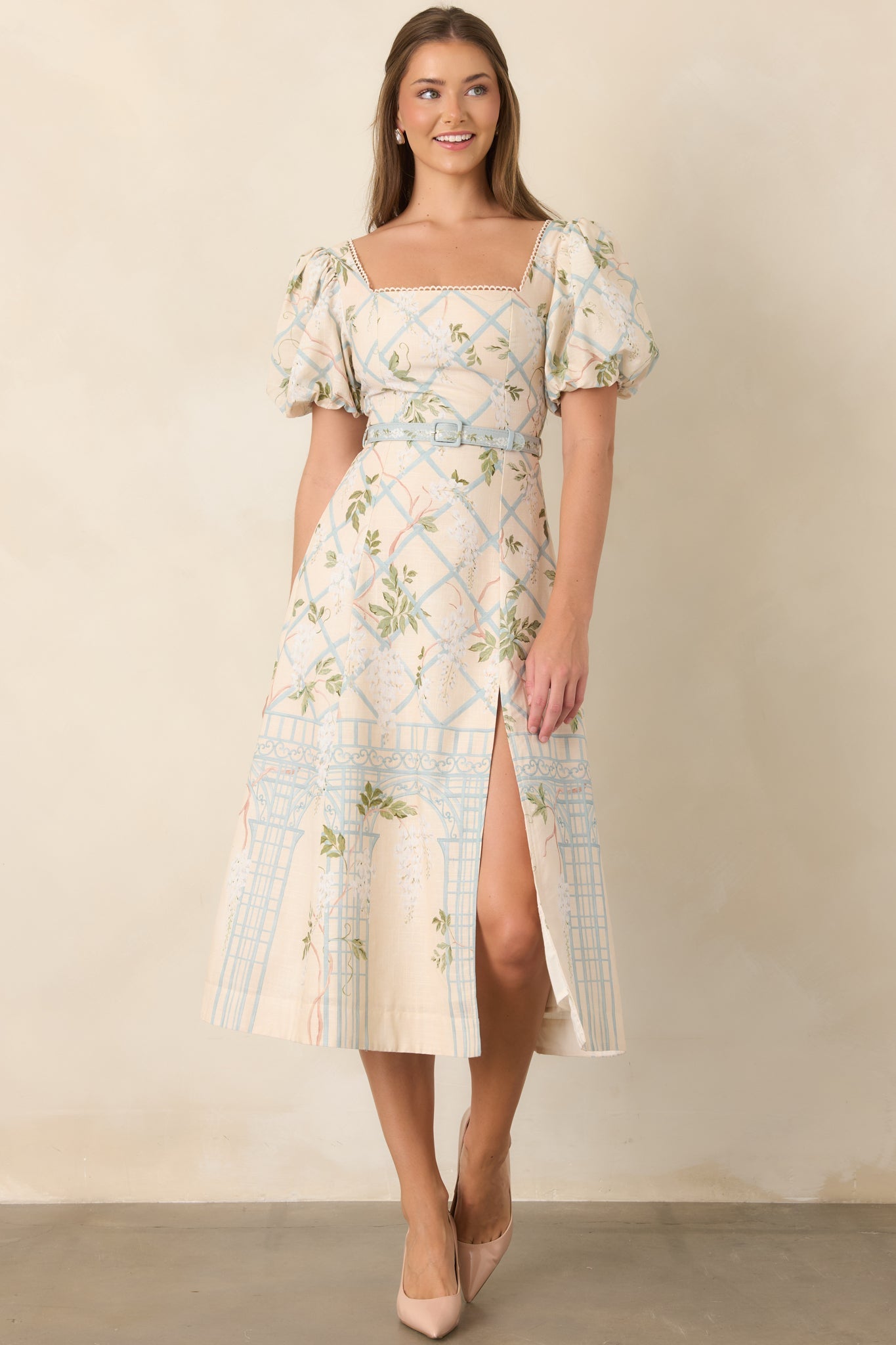 En Saison Georgina Ivory Floral Lattice Textured Midi Dress