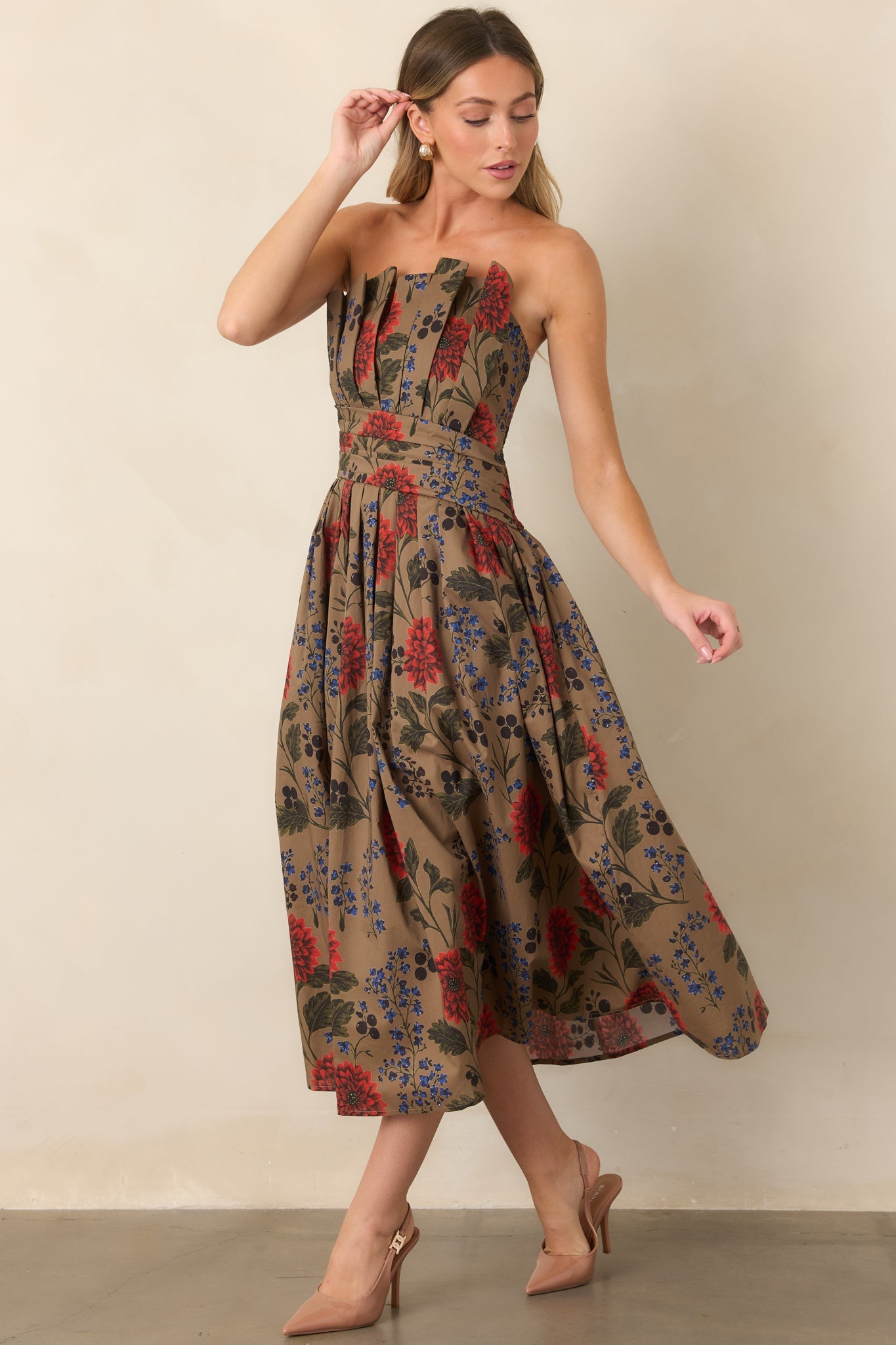 A Reason to Stay Mocha Brown Multi Floral Cotton Strapless Midi Dress