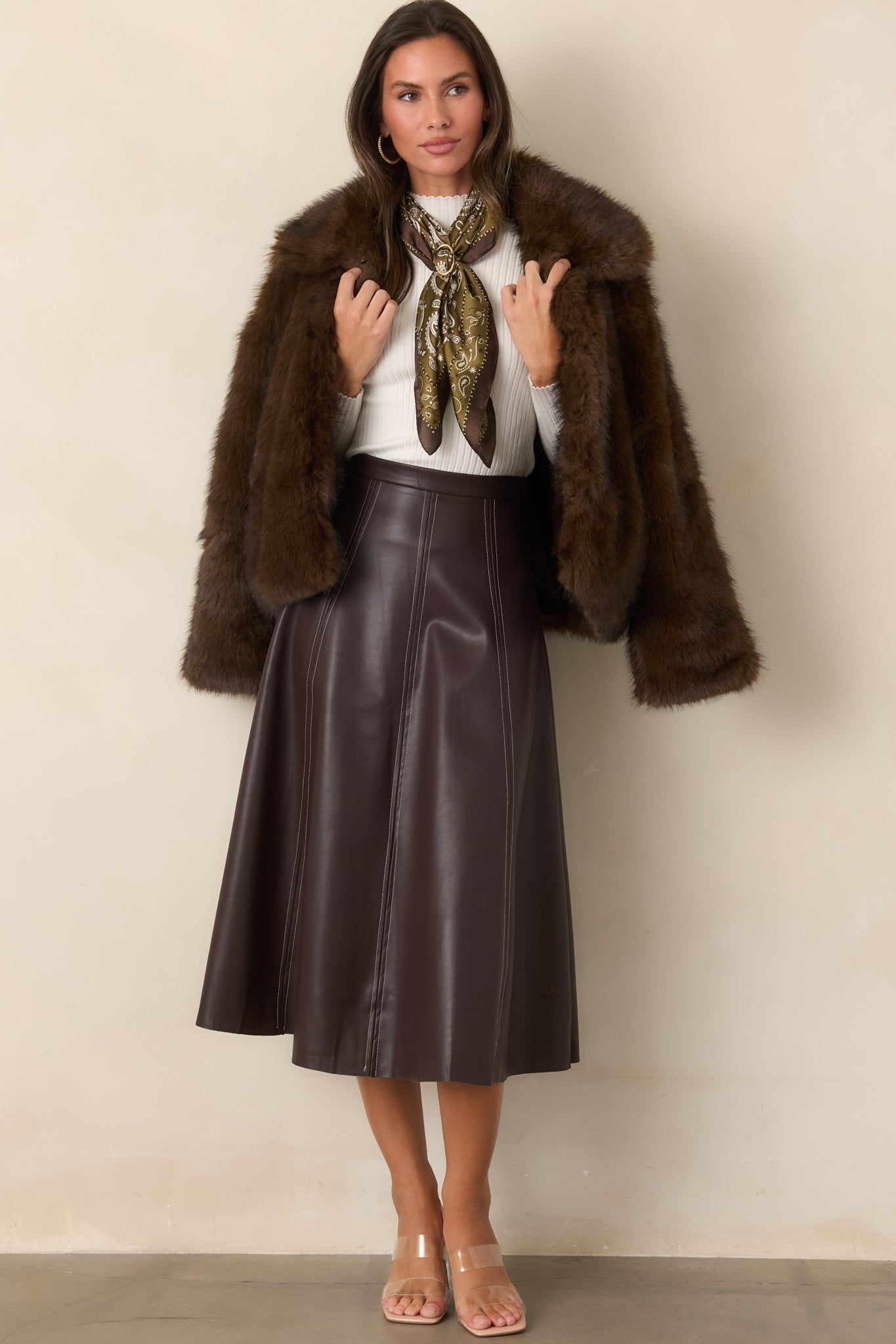 Astrid Wrangler Brown Faux Leather Midi Skirt