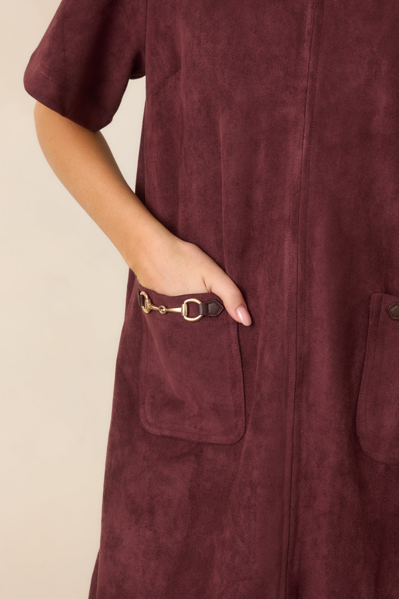 After the Derby Burgundy Faux Suede Horsebit Mini Dress